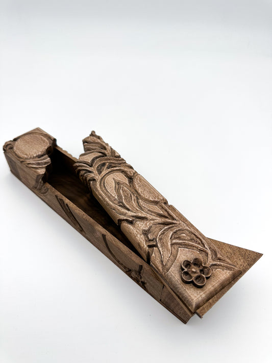 Hand-Carved Wooden Floral Pen Case